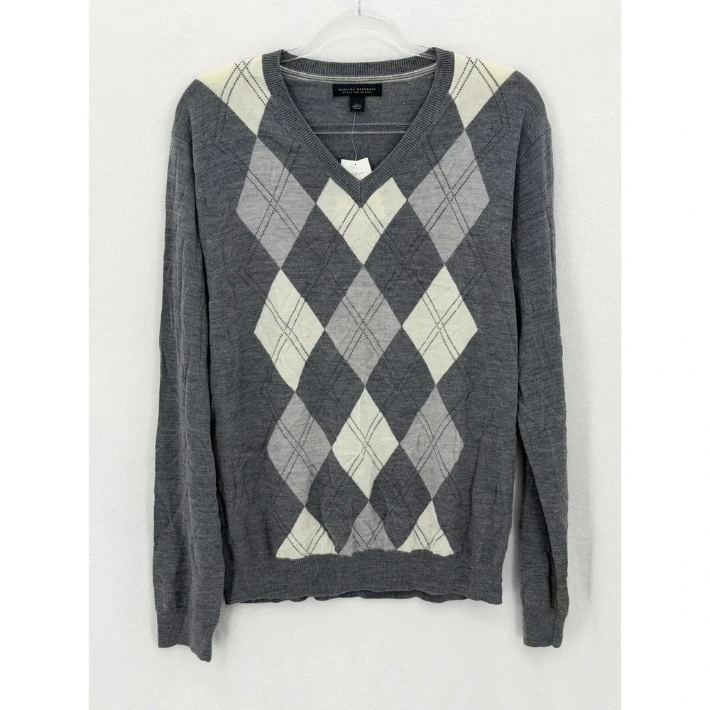 Banana Republic Sweater Mens Large Gray Extra Fine Merino Wool Argyle‎ Preppy